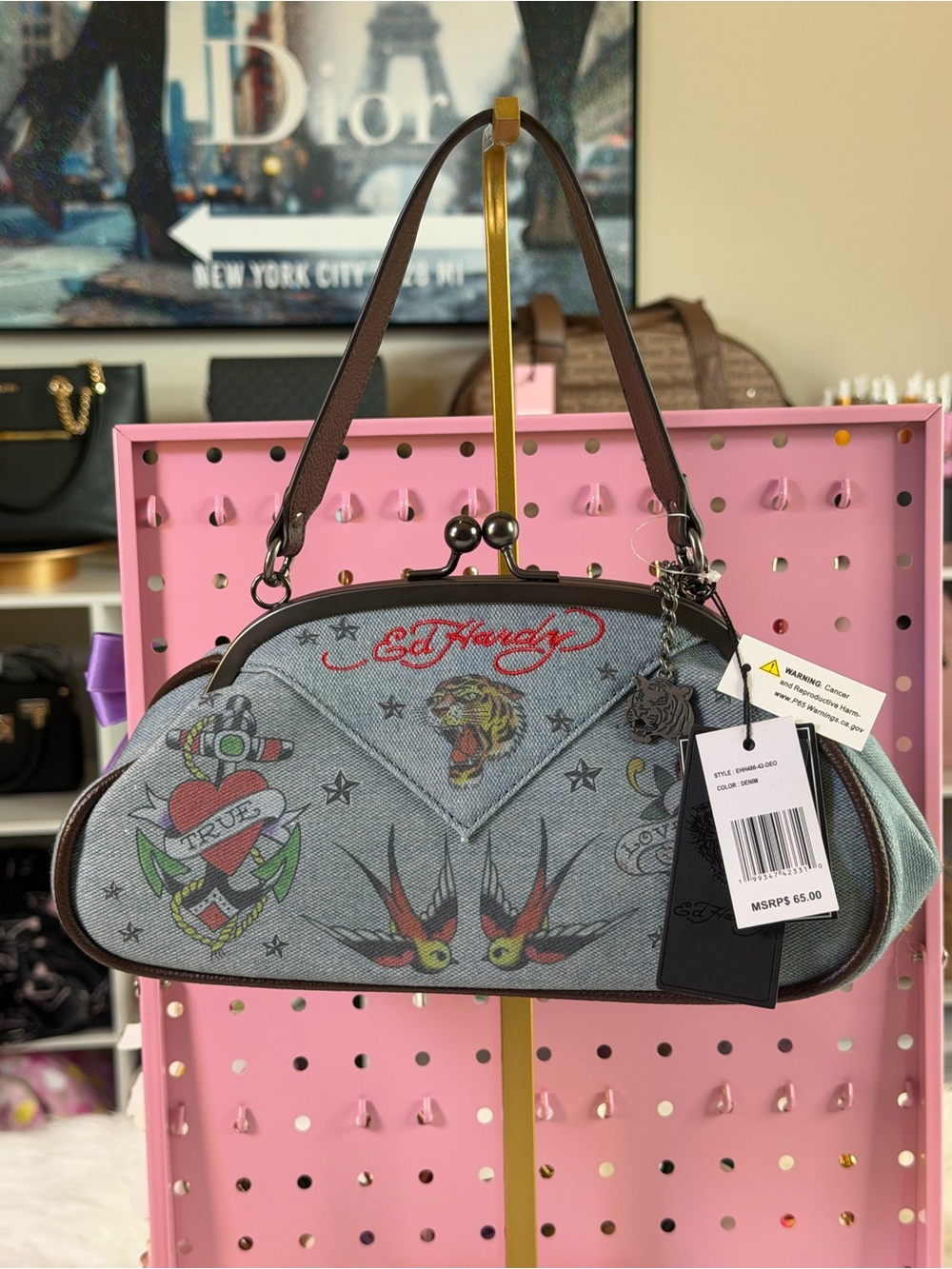 Ed Hardy Gray Denim Tattoo-Print Kiss-Lock Shoulder Bag